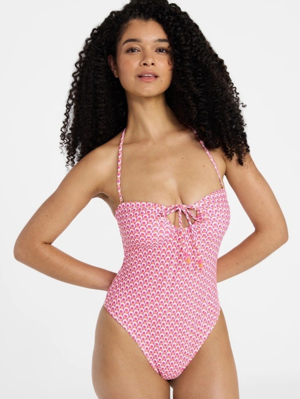 No Boundaries Pink Patterned One-Piece Swimsuit with Halter Tie